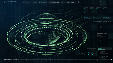 Fototapete - Futuristic motion graphic user interface head up display screen with Holographic Earth and digital data telemetry information display for digital background computer desktop display screen