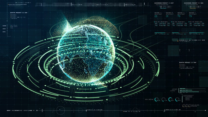 Leinwandbilder - Futuristic motion graphic user interface head up display screen with Holographic Earth and digital data telemetry information display for digital background computer desktop display screen