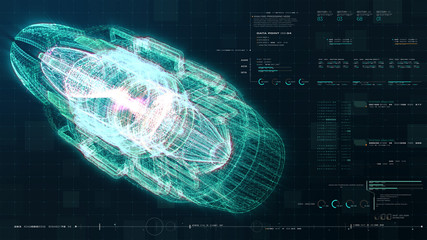 Fototapete - Advance motion graphic futuristic user interface head up display screen with Holographic electromagnetic engine with gravitational fields energy particles wave and digital data telemetry information