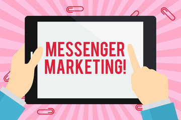 Word writing text Messenger Marketing. Business photo showcasing act of marketing to your customers using a messaging app Businessman Hand Holding, Pointing and Touching Colorful Tablet Blank Screen