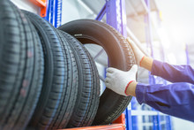 Tires In A Tire Store, Spare Tire Car, Seasonal Tire Change, Car Maintenance And Service Center. Vehicle Tire Repair And Replacement Equipment.