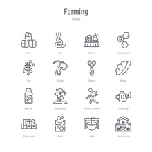 Set Of 16 Farming Concept Vector Line Icons Such As Farm House, Well, Seed, Straw Bale, Watering, Farmer Hoeing, Scarecrow, Milk Jar. 64x64 Thin Stroke Icons