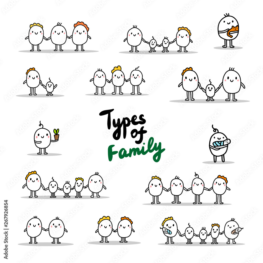 Types of family. Hand drawn set of illustrations with cartoon men. Lettering. Vector