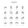 set of 16 insurance concept vector line icons such as accident, hospitalization, fall accident, car accident, falling from stairs, insurance agent, hand motorcycle 64x64 thin stroke icons