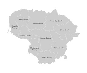  Vector isolated illustration of simplified administrative map of Lithuania. Borders and names of the provinces (counties). Grey silhouettes. White outline