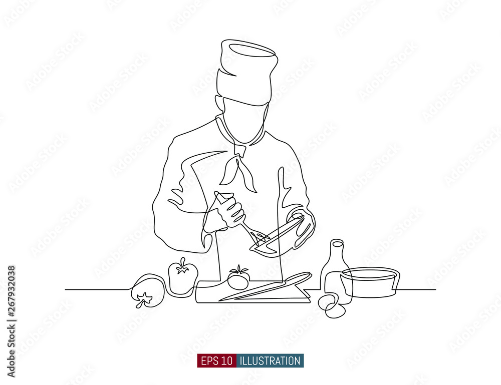 Continuous line drawing of hand drawn chef preparing food. Scene in the ...