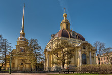 Rear View Of The Gorgeus And Ornate Peter And Paul Fortress With Its Shiny Golden Tower Inside Of The Peter And Paul Fortress In Saint Petersburg, Russia