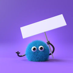 3d cute monster holding up a blank sign,colorful cartoon character,empty banner