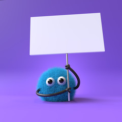 Wall Mural - 3d cute monster holding up a blank sign,colorful cartoon character,empty banner