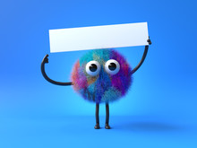 3d Cute Monster Holding Up A Blank Sign,colorful Cartoon Character,empty Banner