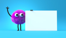 3d Cute Monster Holding Up A Blank Sign,colorful Cartoon Character,empty Banner