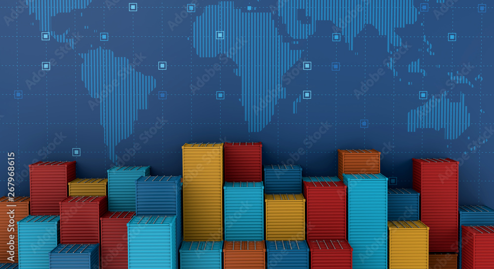 Container cargo ship in import export business logistic on digital world map - obrazy, fototapety, plakaty 