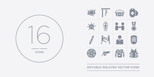16 Vector Icons Set Such As Bulletproof Vest, Camouflage Military Clothing, Cannon, Chamber, Chevrons Contains Civilian, Combat, Combat Knife, Condecoration. Bulletproof Vest, Camouflage Military