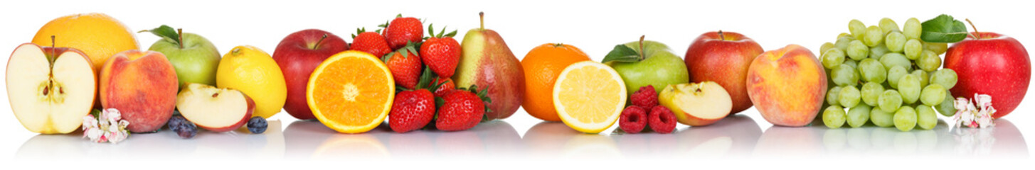 Fruits collection apple apples orange berries grapes banner fresh fruit isolated on white in a row