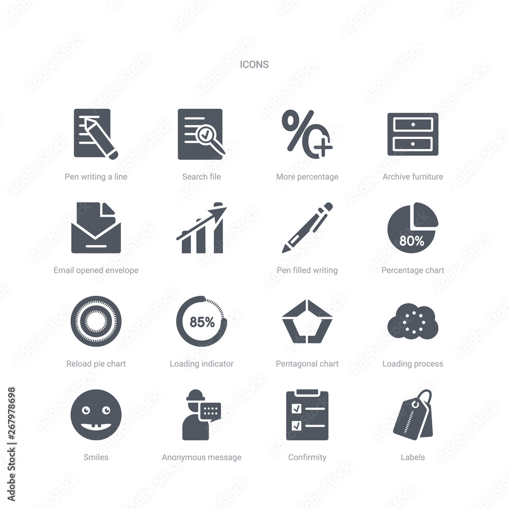Current Labeling Process Icon set of 16 vector icons such as labels, confirmity, anonymous message ...