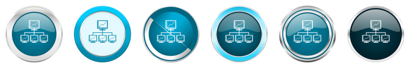 Aufkleber - Network silver metallic chrome border icons in 6 options, set of web blue round buttons isolated on white background