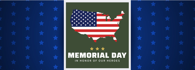 Wall Mural - Memorial day. Blue banner with USA map colored in american flag.