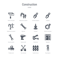 set of 16 vector icons such as big clippers, garden fence, two shovels, trolley truck, big door, home key, electric drill, round wrench from construction concept. can be used for web, logo,