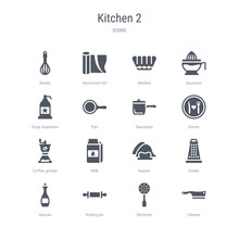Set Of 16 Vector Icons Such As Cleaver, Skimmer, Rolling Pin, Sauces, Grater, Napkin, Milk, Coffee Grinder From Kitchen 2 Concept. Can Be Used For Web, Logo, Ui\u002fux