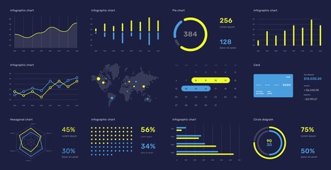 Elements of infographics on a dark background. Use in presentation templates, flyer and leaflet, corporate report. Dashboard template with big data visualization.