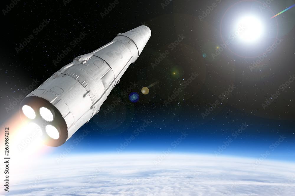 modern hypersonic high speed maneuver warhead of intercontinental ballistic missile launch from planet earth to space towards sun aerial view artist impression fictional rocket parts design concept - obrazy, fototapety, plakaty 