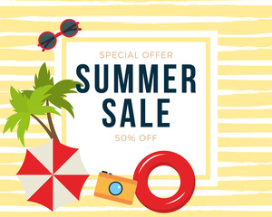 Wall Mural - Summer sale banner with palms, beach umbrellas, sunglasses background, design for banner, flyer, invitation, poster, web site or greeting card