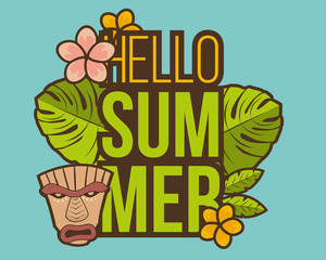 Wall Mural - Hello Summer banner with tiki mask and tropical plants