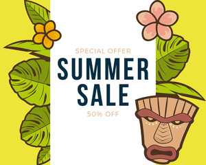 Wall Mural - Summer sale banner with tropical leaves and tiki mask background, exotic floral design for banner, flyer, invitation, poster, web site or greeting card.