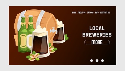 Beer in beerhouse brewery vector web page beermug beerbottle and dark ale illustration backdrop of beerbarrel in bar on beery alcohol party background landing web-page