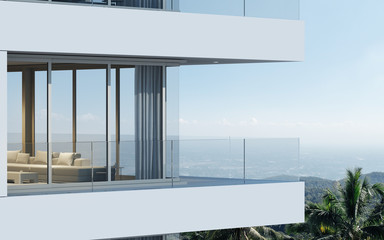 Poster - Perspective of high-rise condominium building with mountain and city view background - 3D rendering - Illustration