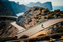 Triathlete Men Cycling Road Bike In The Summer Day. Beautiful Nature In Background. Mallorca, Majorca,Spain