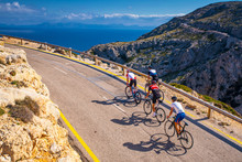 Road Bikers On The Road On Balearic Islands. Sea In Background. Cap De Formentor. Mallorca, Majorca, Spain