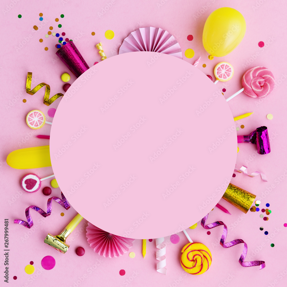Pink birthday flat lay background - obrazy, fototapety, plakaty 