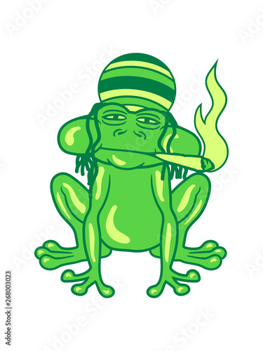 Kiffer Frosch Joint Hanf Weed Stoned Bekifft Drogen Rauchen Raggae Jamaika Amphibie Krote Comic Cartoon Clipart Design Lustig Cool Mude Froschkonig Prinz Marchen Liebe Fruhling Tumpel Kaufen Sie Diese Illustration Und