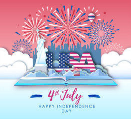 Vector illustration of America Independence day with holiday firework. Cut out paper art style design