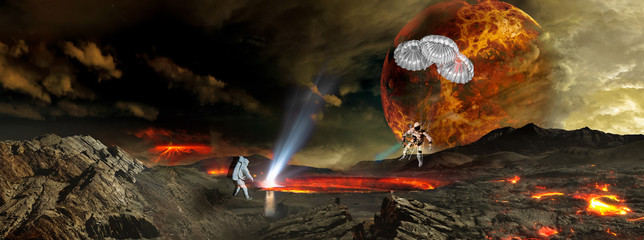 Wall Mural - two astronauts landing on the distant alien planet. elements of this image furnished by nasa.