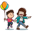 Vector illustration of a little boy and girl walking and holding hands. Isolated on white background.