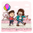 Vector illustration of a little boy and girl walking holding hands. Pink amusement park on background.