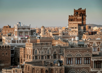 view of sanaa city old town architecture skyline in yemen