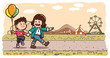 Vector illustration of a little boy and girl walking holding hands. Horizontal sepia with amusement park on background.