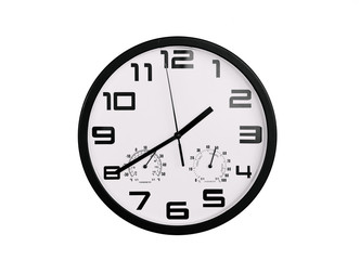 simple classic black and white round wall clock isolated on white. Clock with arabic numerals on wall shows 13:40 , 1:40