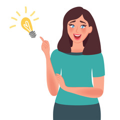 Idea concept. A good idea came to the woman's mind. Shows gesture solution to the problem. Vector illustration people think