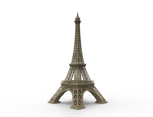 3D rendering of the tourist attraction Eiffel tower in Paris France isolated in white studio background.