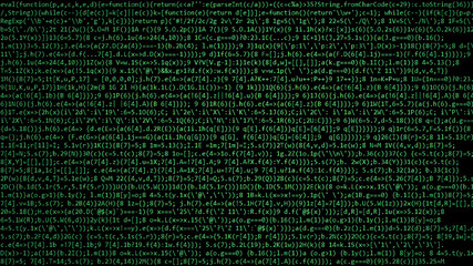 a wall made of thick obfuscated source code (computer program instructions), green characters over a