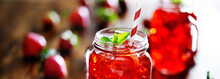 Strawberry Cocktail In Mason Jar With Mint Garnish Panorama