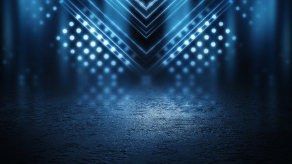 Fototapete - Empty background scene. Dark street reflection on the wet pavement. Rays  neon light in the dark, neon figures, smoke. Night view of the street, the city. Abstract dark background.