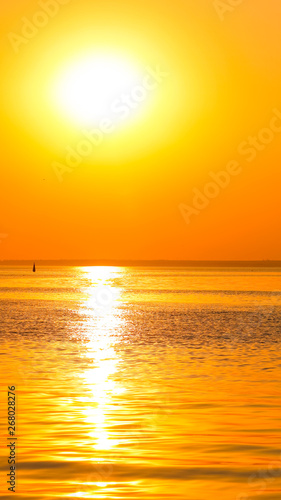 Orange Sunset Over The Sea Bright Orange Sun On Horizon Of The