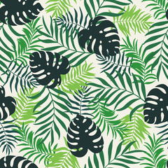  Tropical background with palm leaves. Seamless floral pattern. Summer vector illustration. Flat jungle print