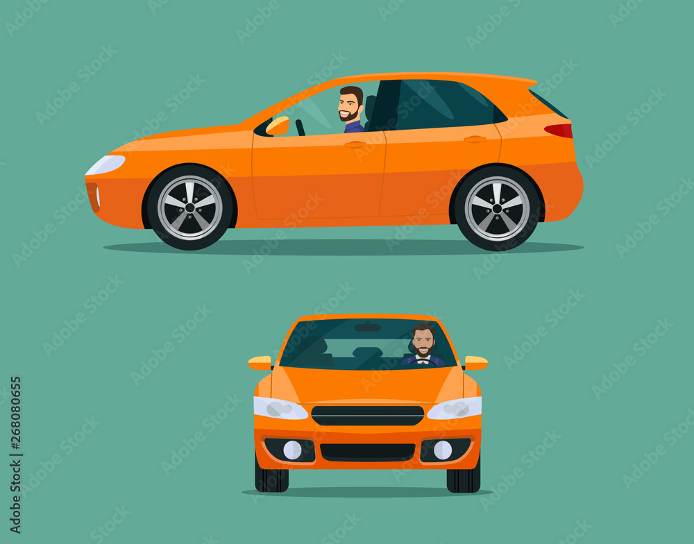 Orange hatchback car two angle set. Car with driver man side view - obrazy, fototapety, plakaty 