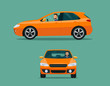 Orange hatchback car two angle set. Car with driver man side view